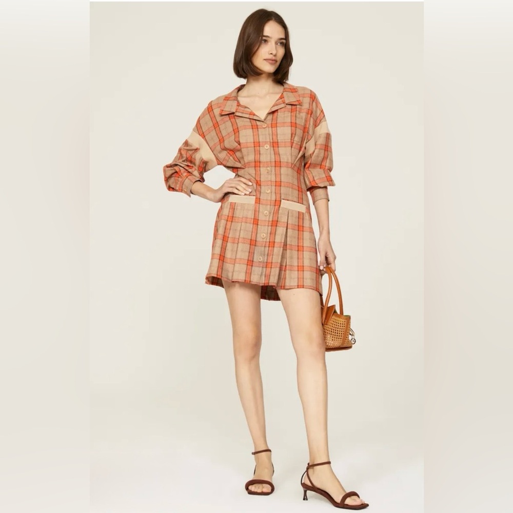 Maje Beige and Orange Plaid Mini Shirt Dress